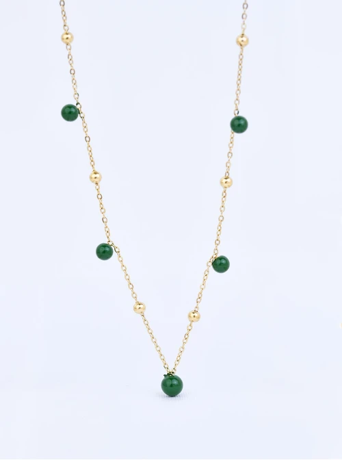 Naszyjnik zielone kuleczki, stal pozłacana S309451Z05