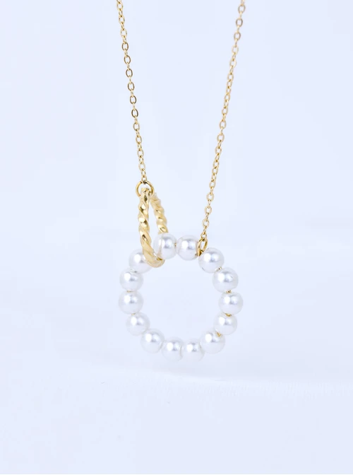 [Zestaw] Naszyjnik długi, kółeczka, perełki, stal pozłacana S309892Z02