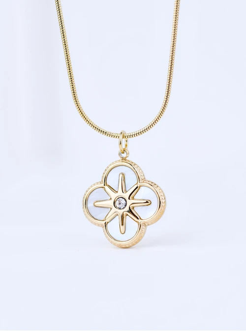 [Zestaw] Naszyjnik długi, perłowa koniczynka, stal pozłacana S309491Z02