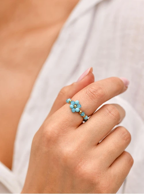 Pierścionek niebieski kwiatuszek, stal pozłacana S409707Z04-0