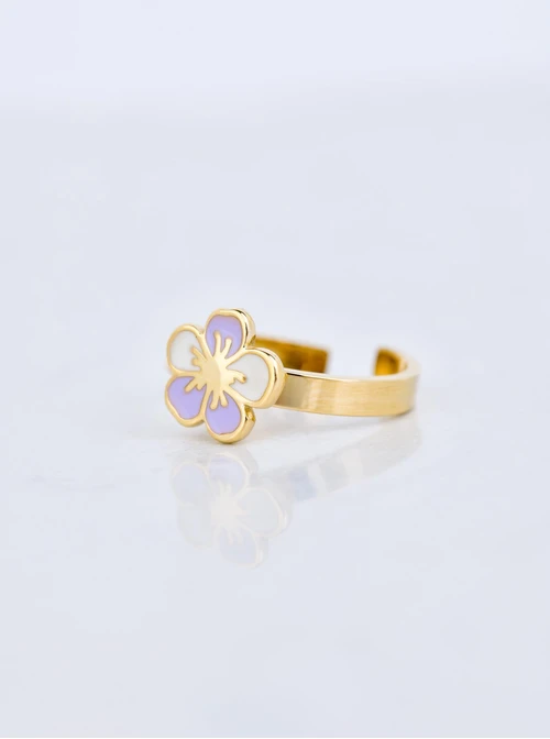 Pierścionek regulowany, fioletowy kwiatuszek, stal pozłacana S409663Z08-0