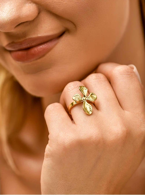 Pierścionek regulowany, kwiatek, stal pozłacana S409356Z00-0