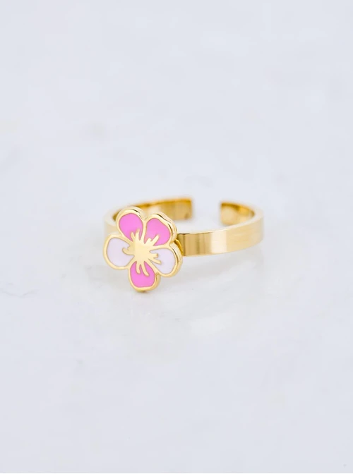 Pierścionek regulowany, różowy kwiatuszek, stal pozłacana S409660Z06-0