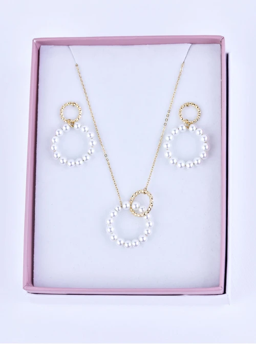 [Zestaw] Naszyjnik długi, kółeczka, perełki, stal pozłacana S309892Z02