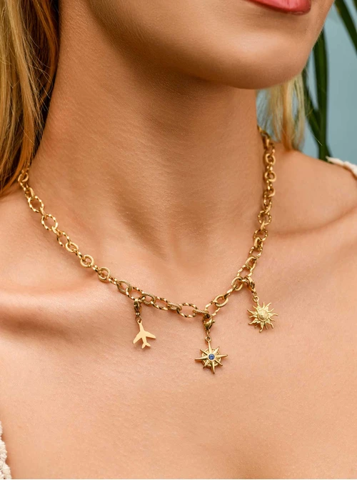 [Zestaw] Naszyjnik łańcuch, baza Charms, stal pozłacana S309744Z00