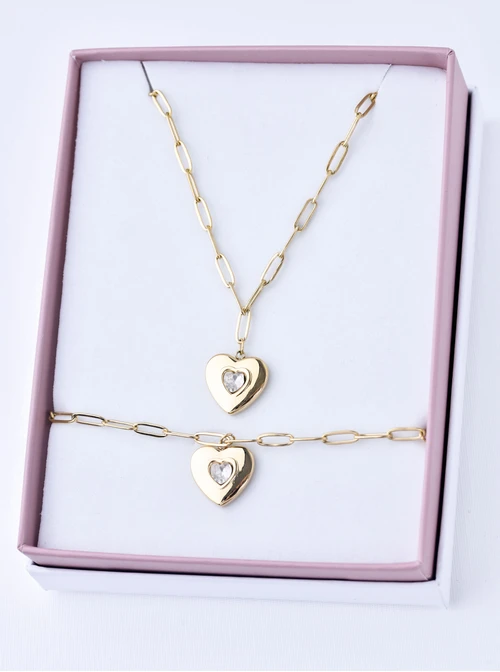 [Zestaw] Naszyjnik łańcuch, serce, stal pozłacana  S309518Z00