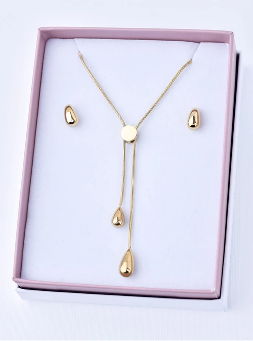 [Zestaw] Naszyjnik krawatka, kropelki, stal pozłacana S309875Z00