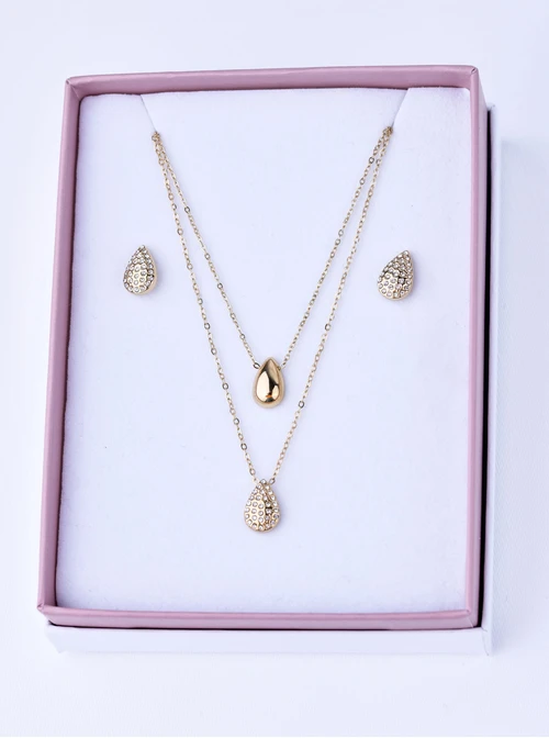 [Zestaw] Naszyjnik podwójny, kropelki, stal pozłacana S309489Z00