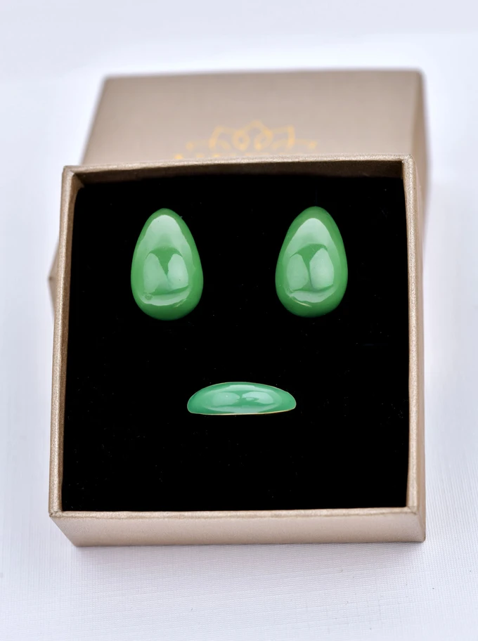 [Zestaw] Pierścionek z zieloną emalią, stal pozłacana S409914Z05