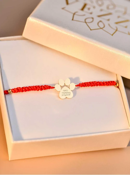 Bransoletka grawer, łapka, czerwony, stal pozłacana S108078Z-03