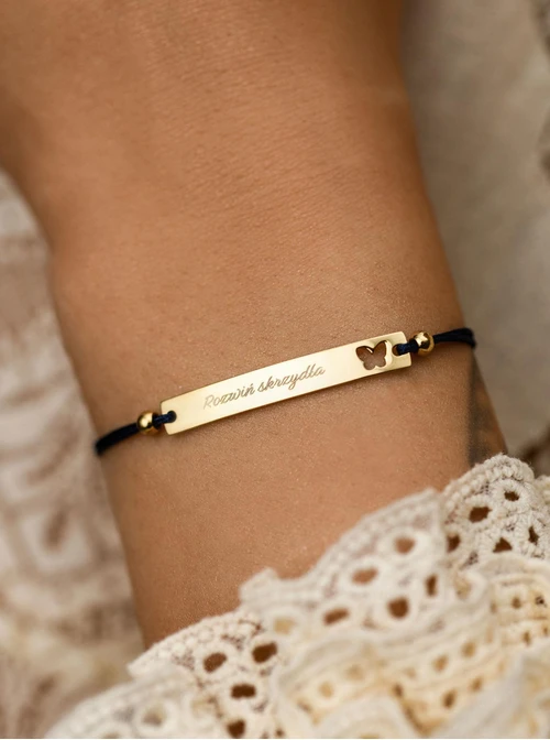 Bransoletka grawer, motylek, granatowy, stal pozłacana S108072Z-04