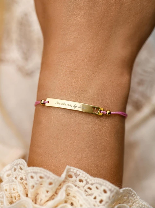 Bransoletka grawer, motylek, różowy, stal pozłacana S108072Z-06