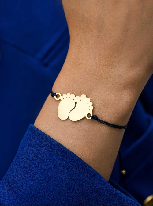 Bransoletka grawer, stópki, serduszko, stal pozłacana S108073Z-04