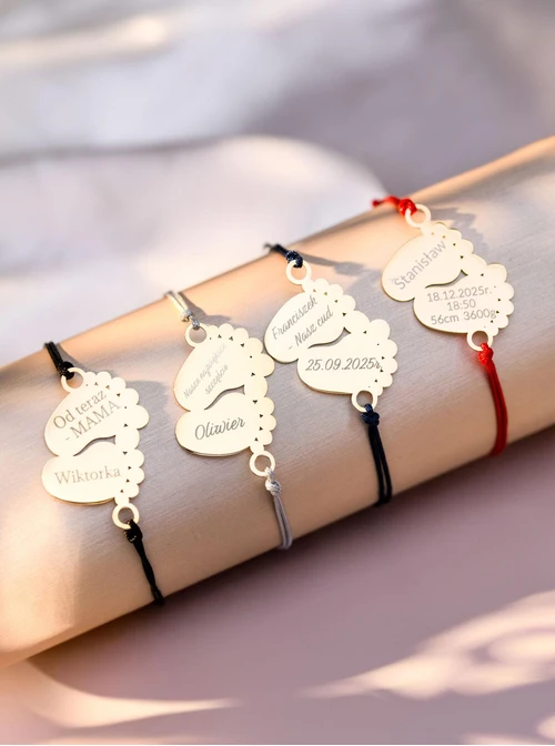 Bransoletka grawer, stópki, serduszko, stal pozłacana S108073Z-04