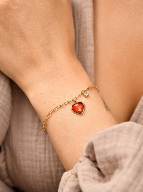 Bransoletka czerwone serduszko, stal pozłacana S109818Z03