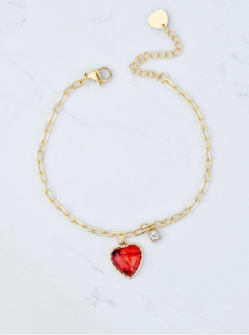 Bransoletka czerwone serduszko, stal pozłacana S109818Z03