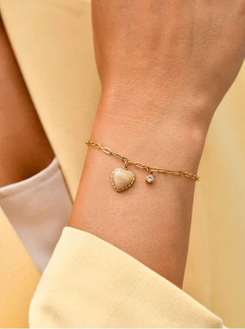 Bransoletka kremowe serduszko, stal pozłacana S109812Z12