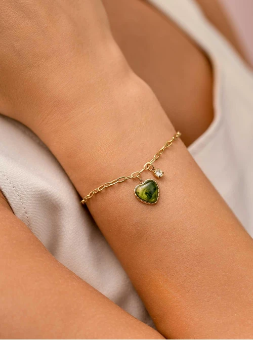 Bransoletka zielone serduszko, stal pozłacana S109809Z05