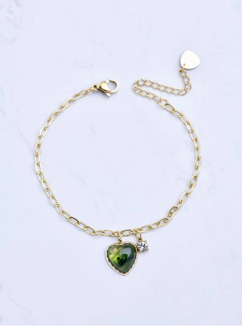 Bransoletka zielone serduszko, stal pozłacana S109809Z05