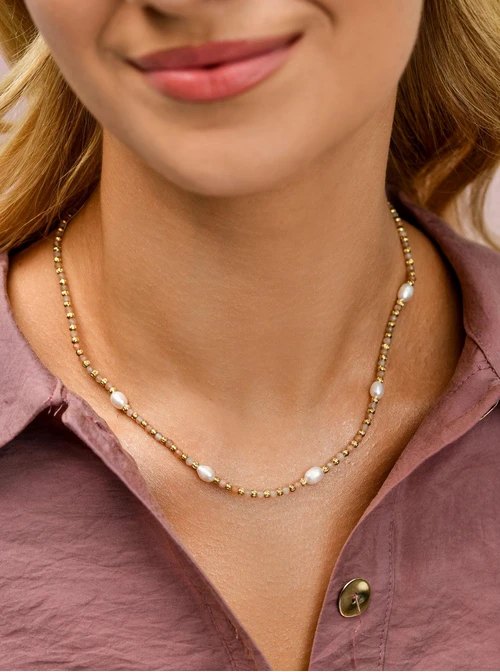 Choker Kamień Słońca, Perełki, stal pozłacana S310463Z00