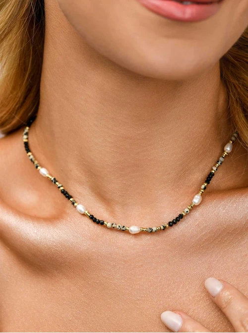 Choker dalmatyńczyk, perły, stal pozłacana S311114Z00