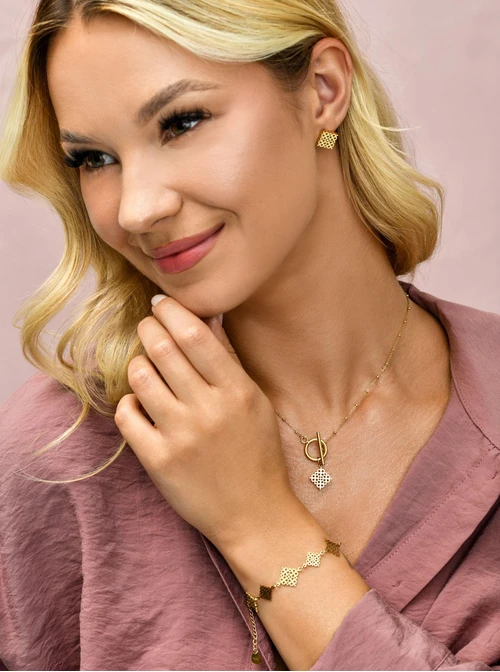 Kolczyki ażurowe kwadraty, stal pozłacana S210685Z00