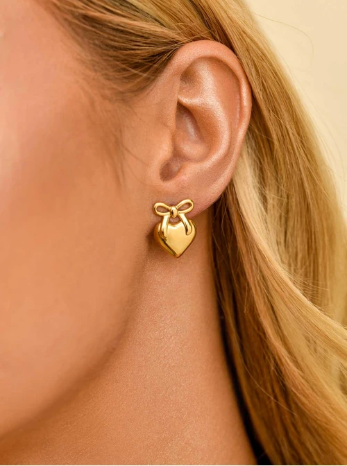 Kolczyki kokardka, serduszko, stal pozłacana S210703Z00