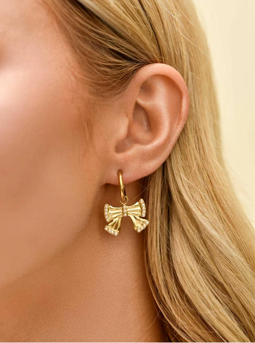 Kolczyki kokardki z perełkami, stal pozłacana  S210699Z00