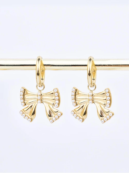 Kolczyki kokardki z perełkami, stal pozłacana  S210699Z00