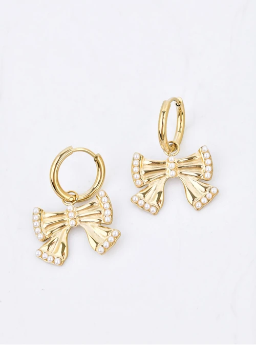 Kolczyki kokardki z perełkami, stal pozłacana  S210699Z00