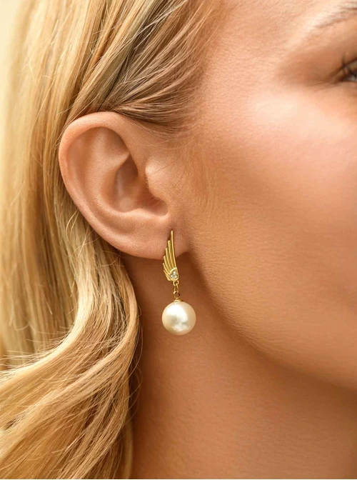 Kolczyki, perełka, skrzydełko, stal pozłacana S210743Z00