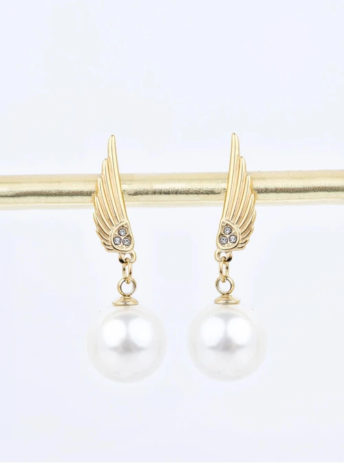 Kolczyki, perełka, skrzydełko, stal pozłacana S210743Z00