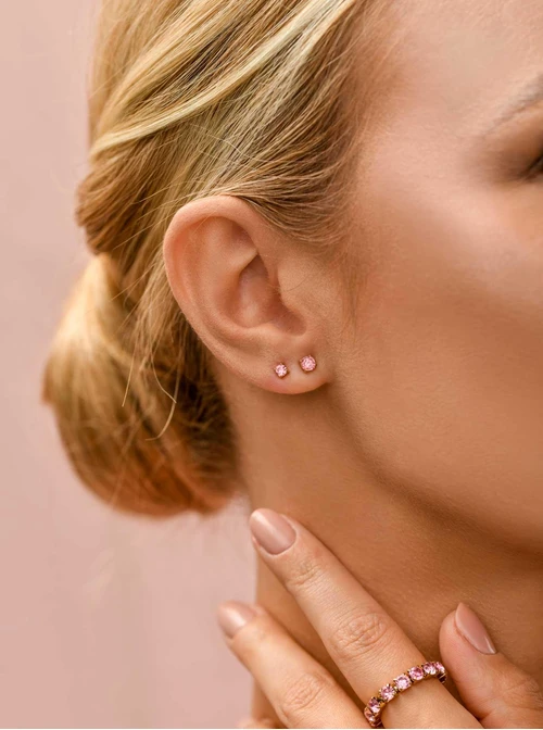 Kolczyki różowy kryształek, 3mm, stal pozłacana S210280Z06