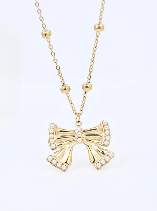 Naszyjnik kokardka z perełkami, stal pozłacana S310700Z00