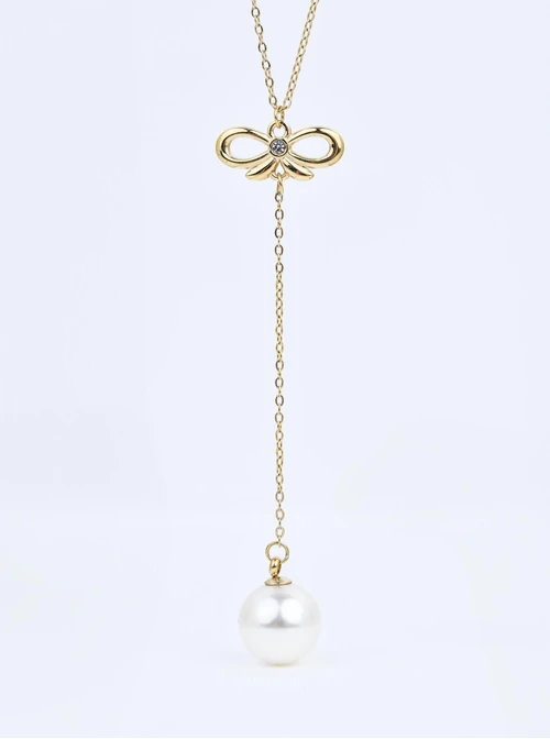 Naszyjnik krawatka, kokardka, perła, stal pozłacana, S310702Z00