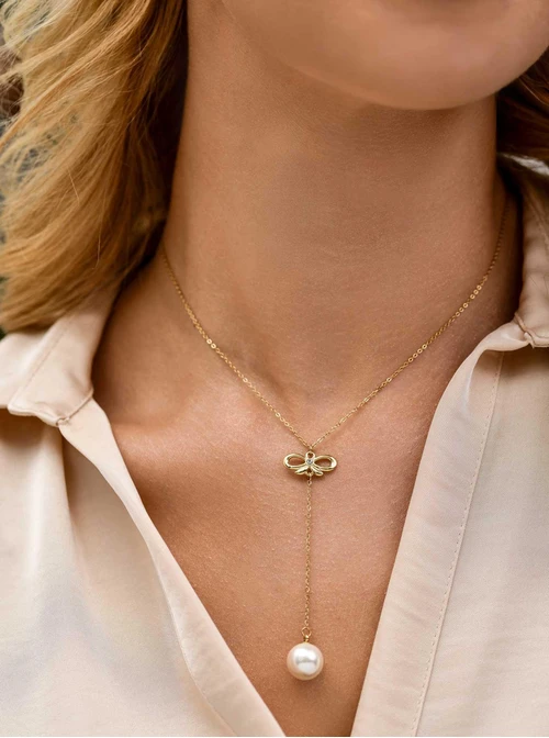 Naszyjnik krawatka, kokardka, perła, stal pozłacana, S310702Z00