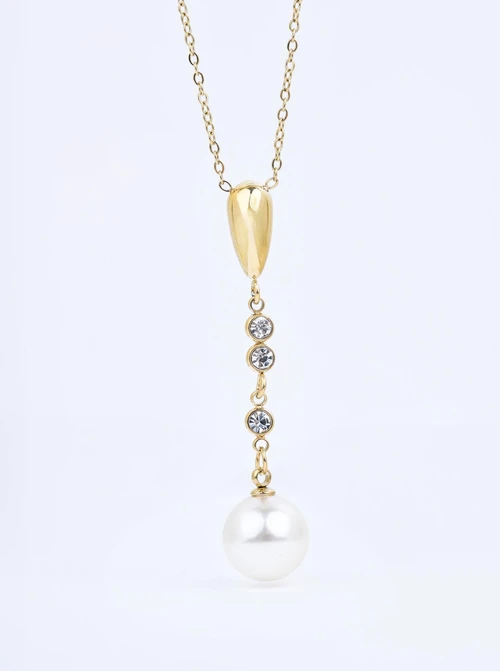 Naszyjnik krawatka, perełka, kryształki, stal pozłacana S310750Z00