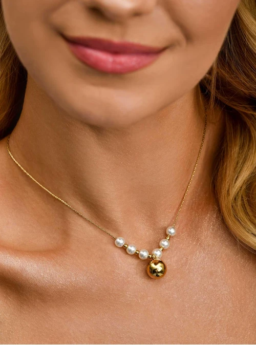 Naszyjnik kulka, perełki, stal pozłacana S310748Z00