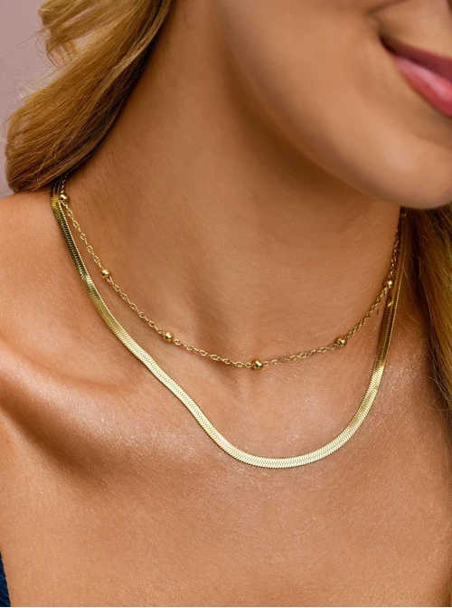 Naszyjnik podwójny, żmijka, kuleczki, stal pozłacana S310724Z00