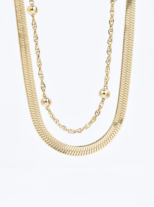 Naszyjnik podwójny, żmijka, kuleczki, stal pozłacana S310724Z00