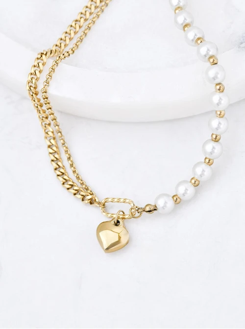 Naszyjnik serduszko, perełki, stal pozłacana S310741Z00