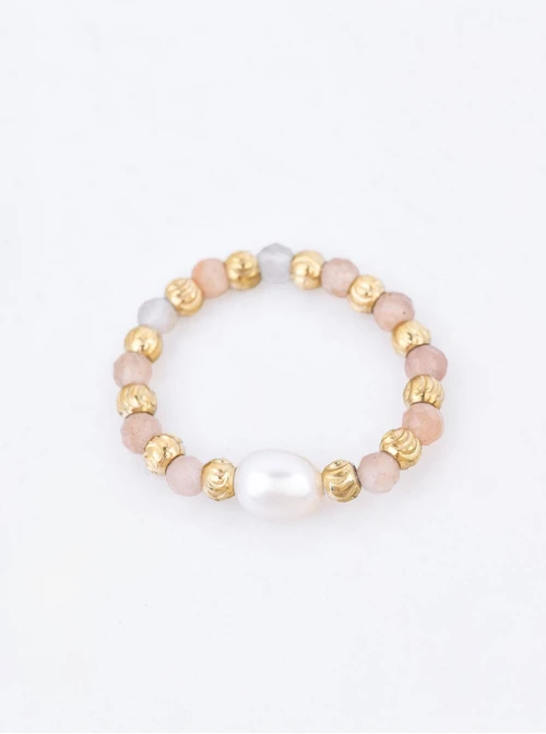 Pierścionek Kamień Słońca, perełka, stal pozłacana S410465Z00-0