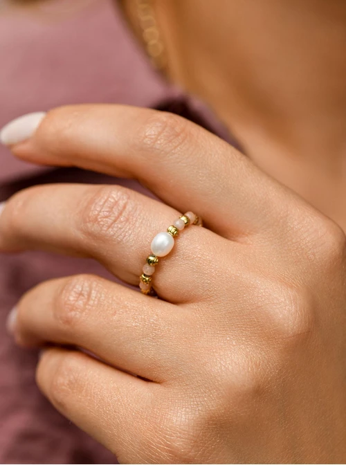 Pierścionek Kamień Słońca, perełka, stal pozłacana S410465Z00-0