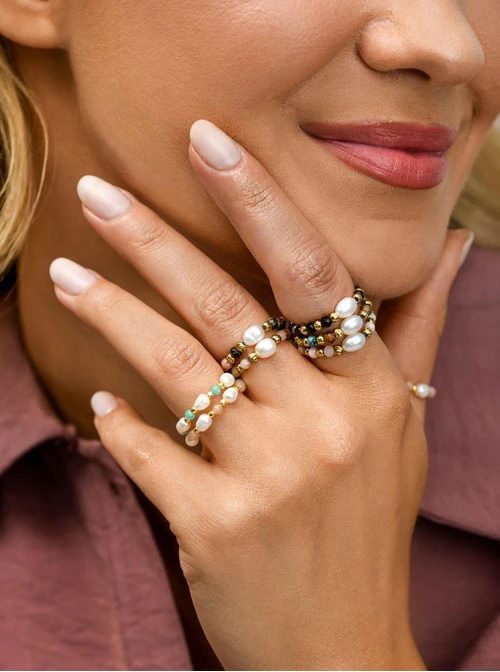 Pierścionek Kamień Słońca, perełka, stal pozłacana S410465Z00-0