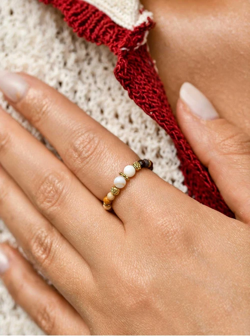 Pierścionek Mokait, biały Jadeit, stal pozłacana S410446Z00-0