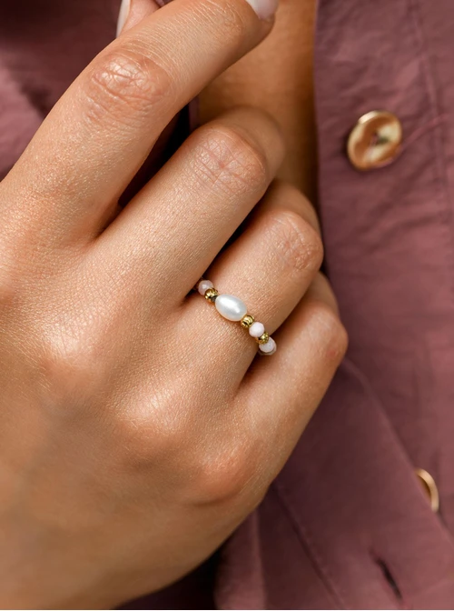 Pierścionek Opal Pudrowy, perełka, stal pozłacana S410436Z00-0