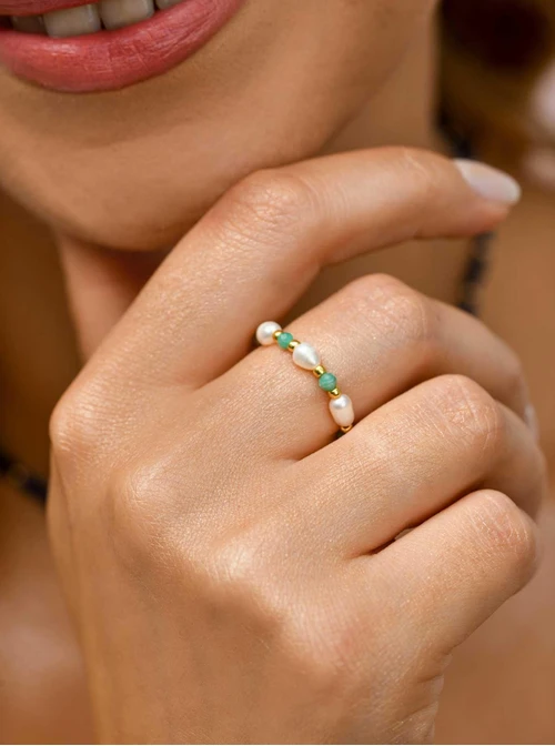 Pierścionek Perełki, Amazonit, stal pozłacana S410443Z00-0