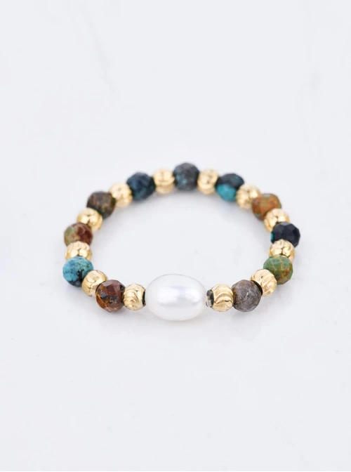 Pierścionek Zielony Turkus, Perełka, stal pozłacana S410437Z00-0