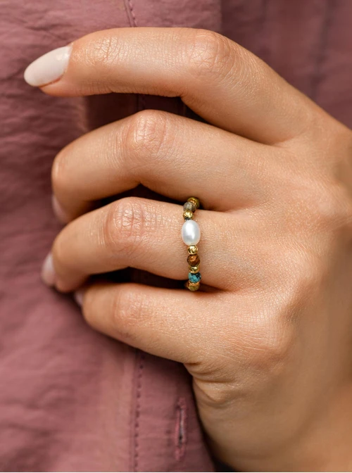 Pierścionek Zielony Turkus, Perełka, stal pozłacana S410437Z00-0