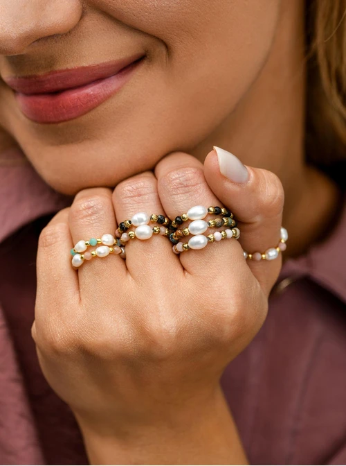 Pierścionek Zielony Turkus, Perełka, stal pozłacana S410437Z00-0